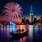 The sky at night with colorful fireworks is in a beautiful city, new years panorama.