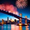 The sky at night with colorful fireworks is in a beautiful city, new years panorama.