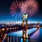 The sky at night with colorful fireworks is in a beautiful city, new years panorama.