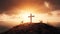 The sky over Golgotha Hill is shrouded in majestic light and clouds, revealing the holy cross symbolizing the death and