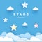 Sky paper decoration. Little paper theater: stars and clouds on blue background. Vector illustration