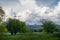 Sky after rain with huge clouds. city skyline.