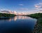 Sky river green shore clouds quiet sunset reflections summer blue