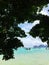 Sky,sea island,and boats,view under tree at the beach