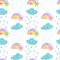 Sky simple sketh drawn by hand seamless pattern in cartoon style with cloud, umbrella, rain, star and rainbow. For