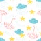 Sky simple sketh drawn by hand seamless pattern in cartoon style with cloud, umbrella, rain, star. For wallpapers, web