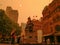 The sky and the sun, in front of QVB queen Victory Building city CBD, was covered by red smoke from bushfire, Australia 6-12-2019