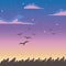 Sky sunset flying birds clouds foliage nature background