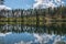 Sky and tree reflection in secluded area by the lake. Calm waters and cloudy sky. Sweden. selective focus. long exposure