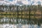 Sky and tree reflection in secluded area by the lake. Calm waters and cloudy sky. Sweden. selective focus. long exposure