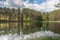 Sky and tree reflection in secluded area by the lake. Calm waters and cloudy sky. Sweden. selective focus. long exposure