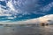 Sky view above backwater with houseboats