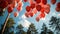Skybound Dreams: Red Balloons Soaring Above the Blurry Forest