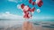 Skybound Serenity: Red Balloons Dancing Above the Blurry Beachscape