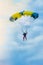Skydiver on brightly colored parachute after the jump