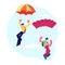 Skydiver Characters Jumping with Parachute Soaring in Sky. Skydiving Parachuting Sport. Couple of Parachutists Flying