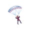 Skydiver in the dark blue suit flying with the blue parachute. Vector illustration in a flat cartoon style.