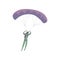 Skydiver in a green suit soars on an open purple parachute. Vector illustration on white background.