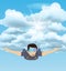 Skydiver man flying in the blue cloudy sky. Character illustration. Sky diving cartoon sportsman.