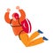 Skydiver in the orange clothes with red helmet flying with the parachute backpack. Vector illustration in a flat cartoon