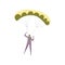 Skydiver in a purple suit descends on an open yellow parachute. Vector illustration on white background.