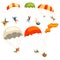 Skydivers flying with parachutes set, extreme parachuting sport and skydiving concept vector Illustrations on a white