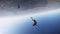 Skydivers jump from airplane in blue sky. Extreme. Height. Falling. Adrenaline