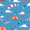 Skydivers, jumpers in sky vector seamless pattern