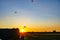 Skydivers landing at sunset