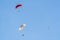 Skydiving adventure with parachutes against clear blue sky on a sunny day