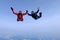 Skydiving in the blue sky. Two skydivers hold hands.