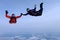 Skydiving in the blue sky. Two skydivers hold hands.