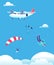 Skydiving concept. Parachutists jumping out of plane in blue sky. People skydivers vector illustration