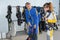 Skydiving monitor and student preparing in hangar