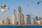 Skyline of Abu Dhabi with sea gulls, United Arab Emirat