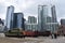 Skyline with big skyscrapers and ancient colorful trains in Toronto, Canada