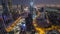 Skyline of the buildings of Sheikh Zayed Road and DIFC aerial night timelapse in Dubai, UAE.