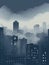 The skyline of a bustling cityscape shrouded in a perpetual fog that never quite dissipates. Gothic art. AI generation