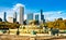 Skyline of Chicago and Buckingham Fountain at Grant Park in Illinois, United States