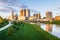 Skyline of Columbus, Ohio from Bicentennial Park bridge at Night