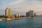 Skyline district of miami, usa on sea shore. Skyscraper buildings on cloudy sky. Architecture, structure, design