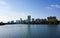 The skyline of downtown Austin Texas from the boardwalk on Lady Bird Lake