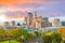 Skyline of downtown Hartford, Connecticut from above Charter Oak Landing at sunset