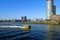 Skyline of downtown Rotterdam seen from quay of Katendrecht on an unusually warm day of February