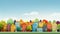 skyline of family colorful houses in sustainable city with green trees illustration