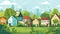 skyline of family colorful houses in sustainable city with green trees illustration