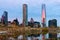 Skyline of Financial District in Las Condes from Bicentennial park in Vitacura in Santiago de Chile