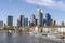 The skyline of Frankfurt, Germany with blue sky