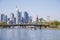 The skyline of Frankfurt, Germany with blue sky