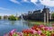 Skyline of The Hague with the modern office buildings behind the Mauritshuis museum and the Binnenhof parliament building next to